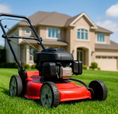 מכסחת דשא וברקע בית גדול