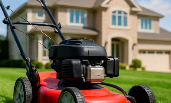 מכסחת דשא וברקע בית גדול