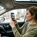 אישה אישה ברכב מצלמת בנייד, אילוסטרציה