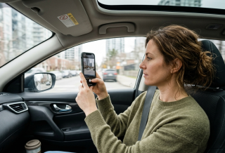אישה אישה ברכב מצלמת בנייד, אילוסטרציה