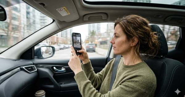אישה אישה ברכב מצלמת בנייד, אילוסטרציה
